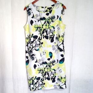 Worthington White Neon Green Black Floral Shift Dress Size Large